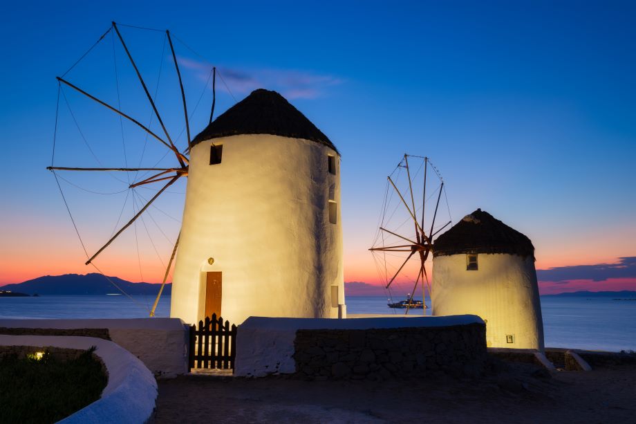 mykonos windmills at sunset