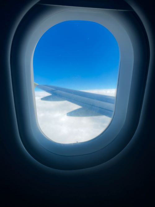 Plane window looking over wing