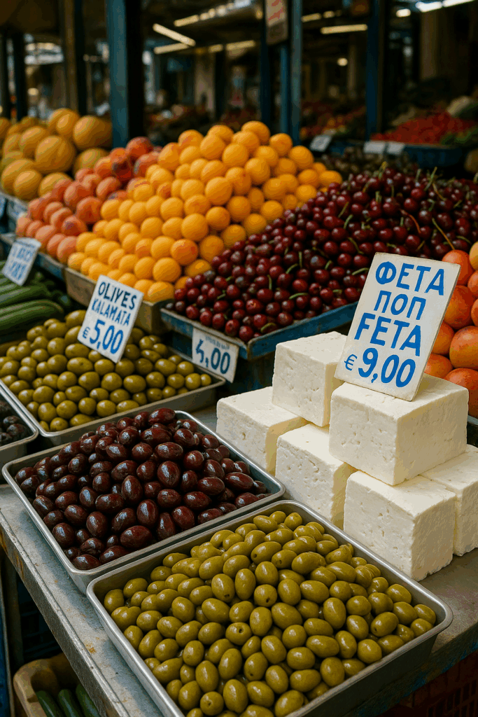Athens food crawl sampling of fresh fruit, olives and Feta