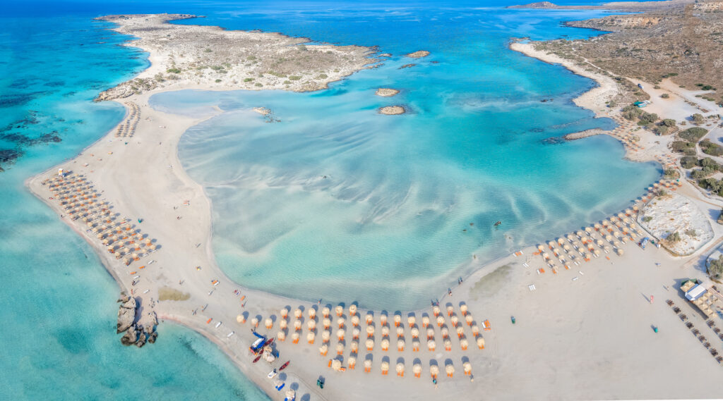 Beaches in Chania Crete Greece. Aerial view of Elafonissi beach, Crete, Greece