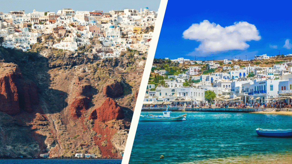 a collage of a city and a body of water Mykonos vs Santorini