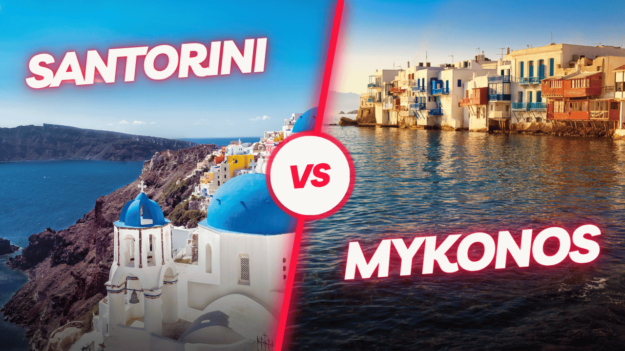 a comparison of buildings and water Santorini blue domes on cliff vs Mykonos houses in Little Venice