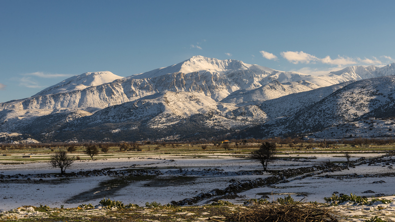 a snowy mountain range with trees and grass