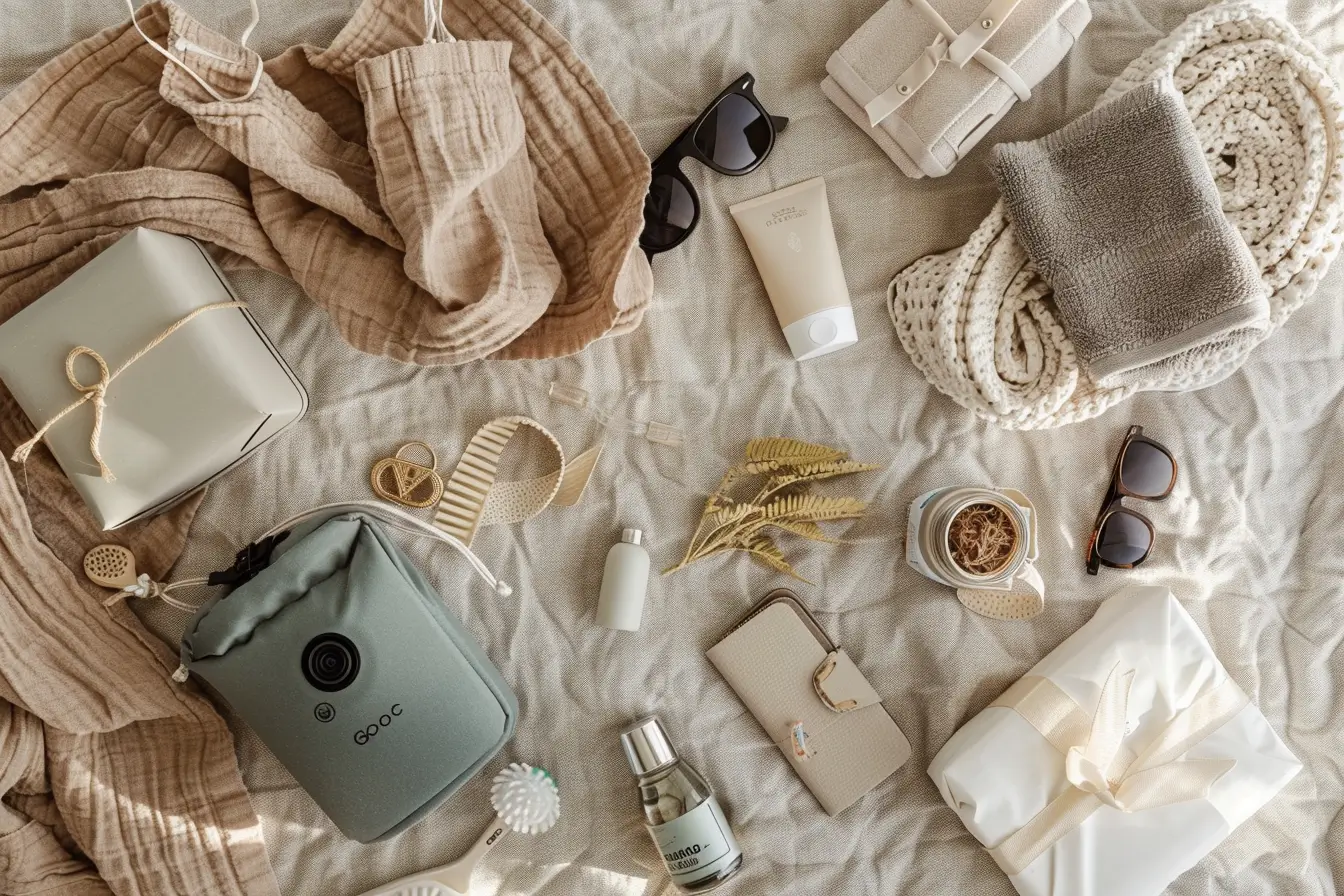 Flat lay of stylish and neutral-toned travel essentials arranged on a beige fabric surface, including sunglasses, skincare items, a portable camera, travel pouches, a cozy knit blanket, and wrapped gift boxes. These thoughtfully curated items represent some of the best travel gifts for comfort and convenience on the go.