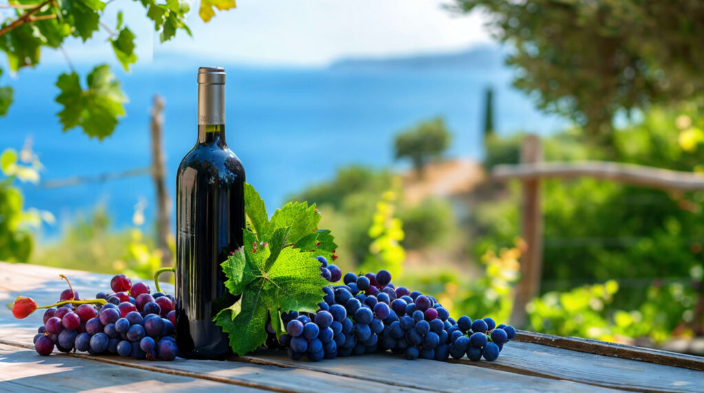A bottle of red wine sits on a rustic wooden table beside a bunch of red and purple grapes, with grapevines curling overhead. In the background, a scenic view of the coastline and lush greenery creates a serene Greek Mediterranean atmosphere. Santorini wine tour is a great thing to do in Santorini