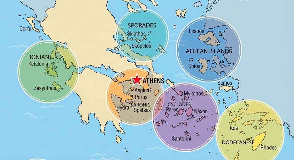 Illustrated map of Greece highlighting major island groups with colored circles labeled Ionian Sporades Aegean Islands Cyclades Dodecanese and Saronic around Athens marked by a red star. Island names including Corfu Kefalonia Zakynthos Skiathos Skopelos Lesbos Chios Samos Mykonos Paros Naxos Santorini Kos and Rhodes are clearly shown. The graphic organizes Greek islands by region to help readers understand geography and plan travel routes.