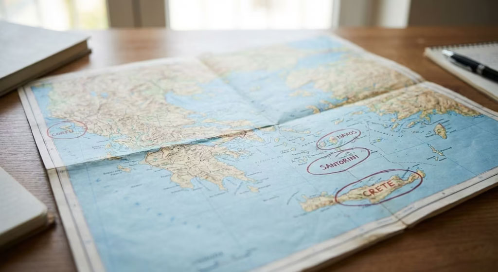 Open map of Greece spread across a wooden table with islands circled in red including Corfu Santorini Naxos and Crete. The focus highlights popular Greek islands in the Aegean and Ionian Seas suggesting travel planning or itinerary preparation. A notebook and book sit nearby adding context to the trip planning scene.